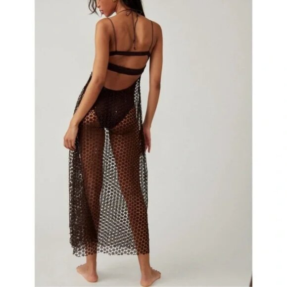 Free People Smoke & Mirrors Bodysuit Lace Cover Chocolate Maxi Dress Small - Picture 6 of 7